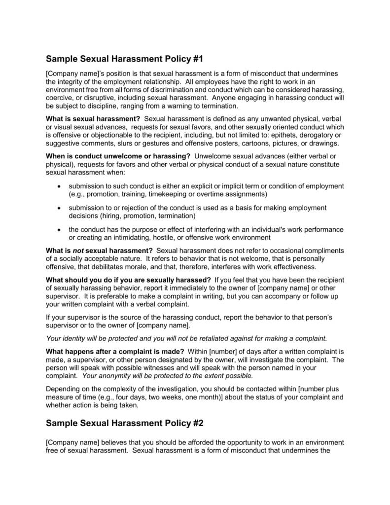 Sample Sexual Harassment Policy #1 In Sexual Harassment Investigation Report Template