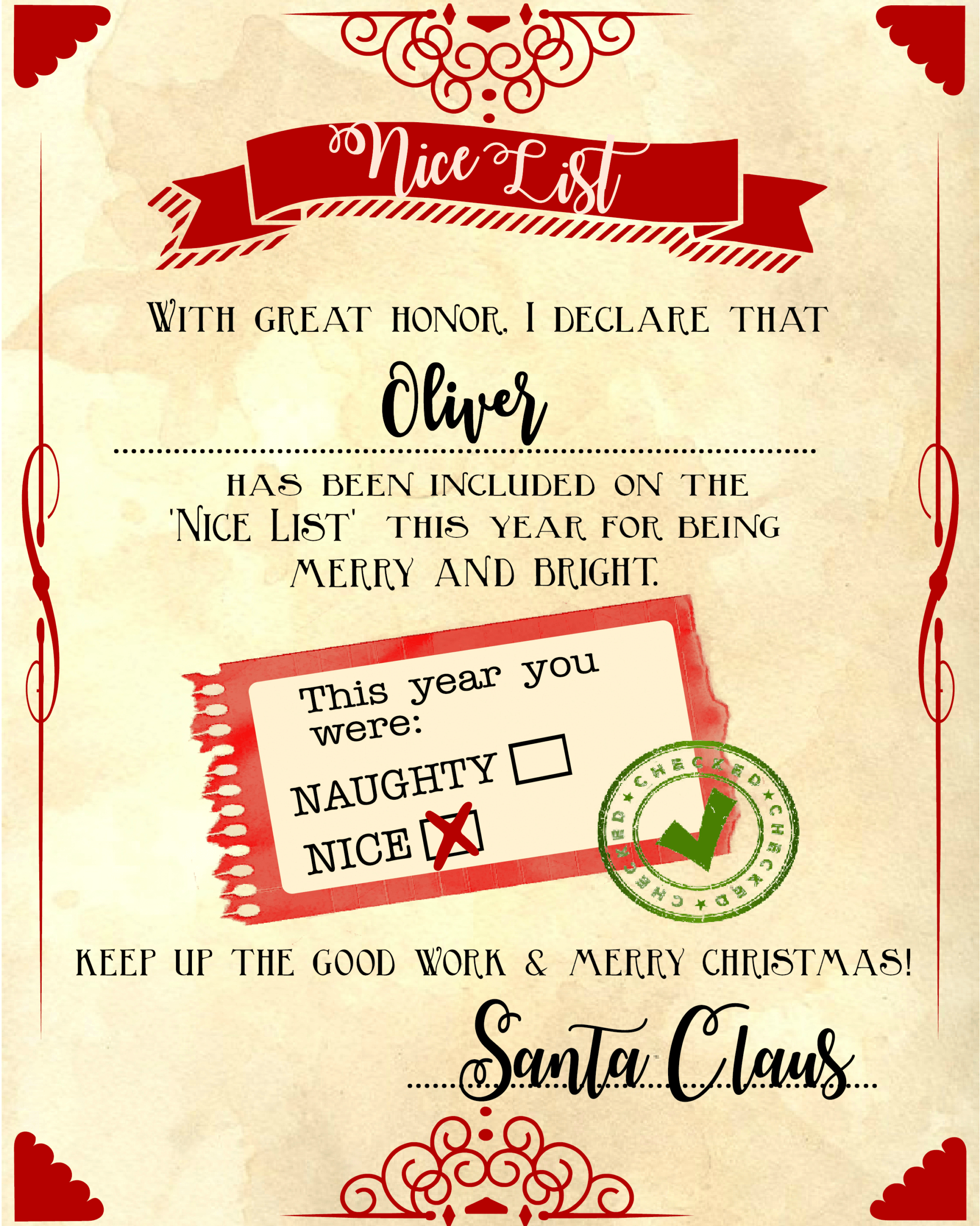 Santa "nice List" Free Printable Certificate Pertaining To Letter From Santa Template Word