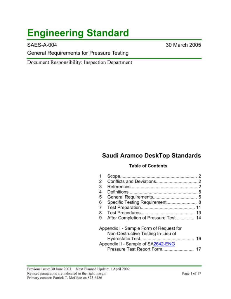 Saudi Aramco Engineering Standard With Hydrostatic Pressure Test Report Template