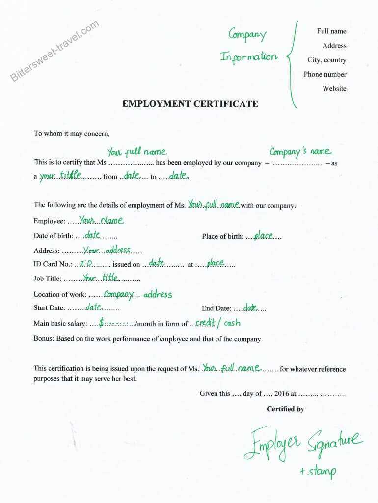 Schengen Visa Application Documents: Employment Certificate In Template Of Certificate Of Employment