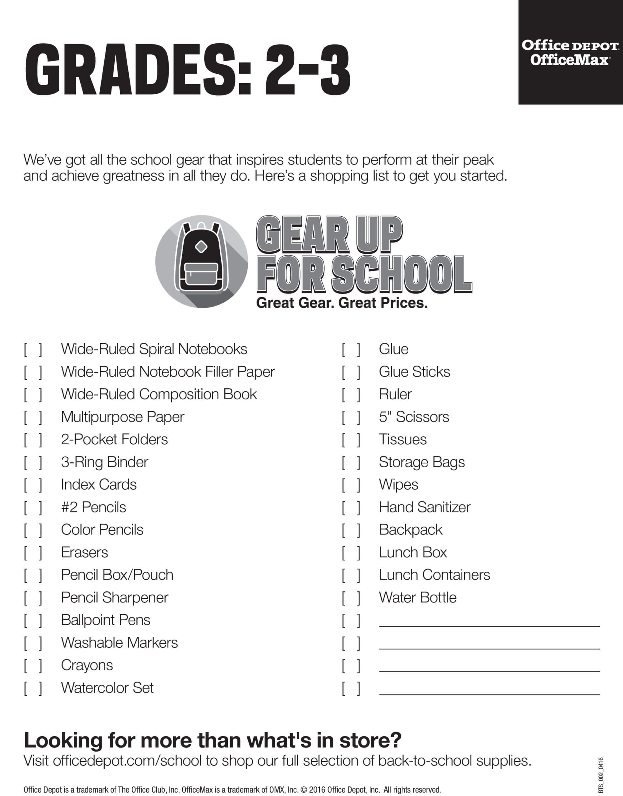 School Supply List Grades 2 3 Within Office Depot Business Card Template