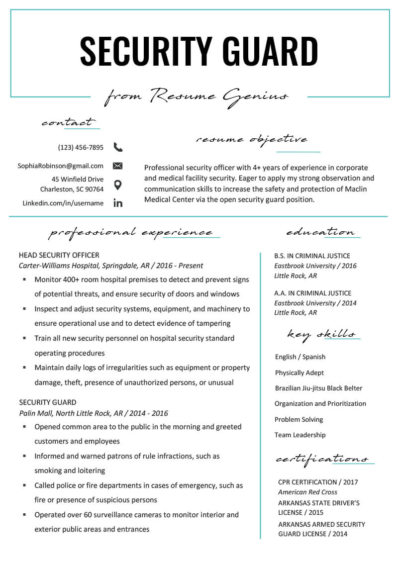 Security Guard Resume Sample & Writing Tips | Resume Genius Inside History And Physical Template Word