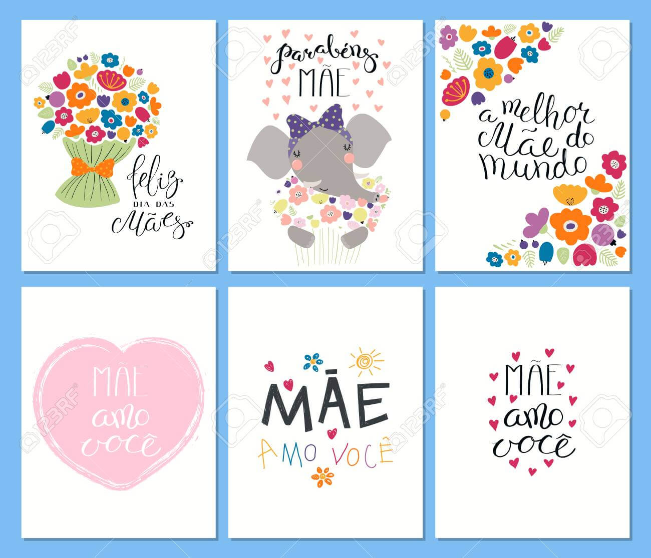 Set Of Mother's Day Cards Templates With Quotes In Portuguese Within Mothers Day Card Templates