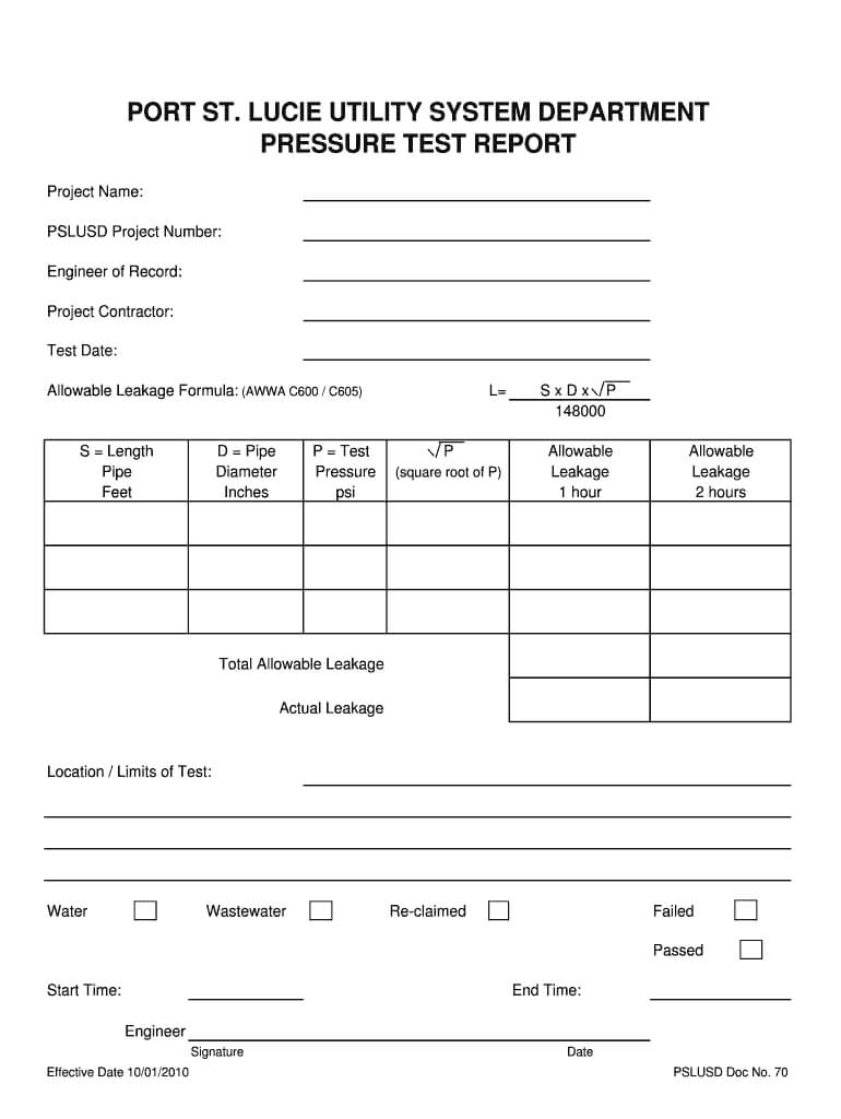 Sewe Line Pressure Test Form – Fill Online, Printable With Hydrostatic Pressure Test Report Template