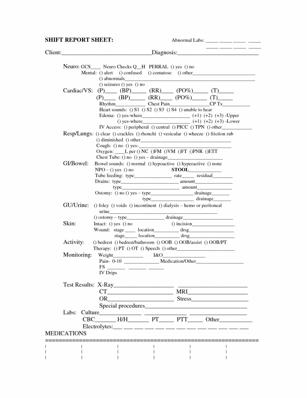 Sheet Printable Nursing Shift Report Template Supervisor Pertaining To Nurse Shift Report Sheet Template