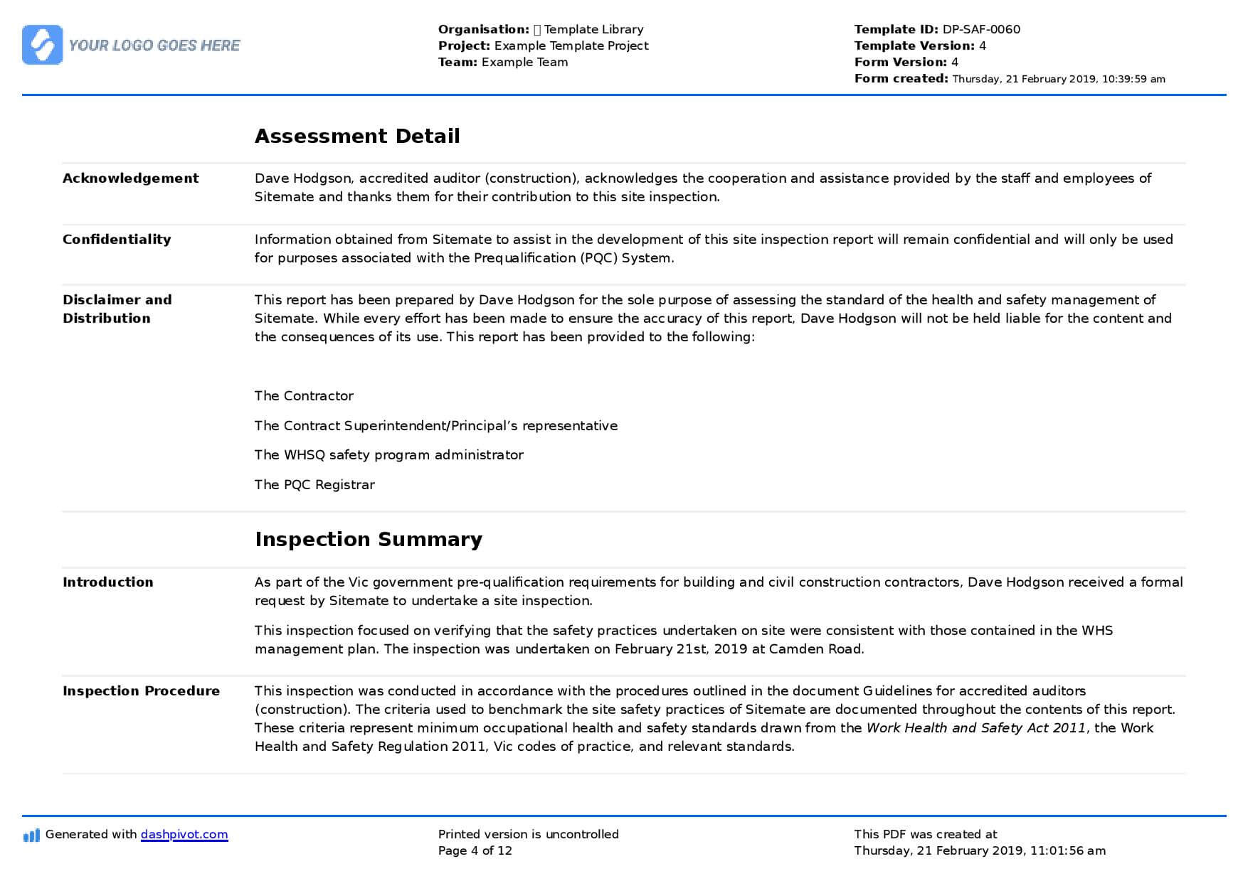 Site Inspection Report: Free Template, Sample And A Proven Inside Template For Information Report