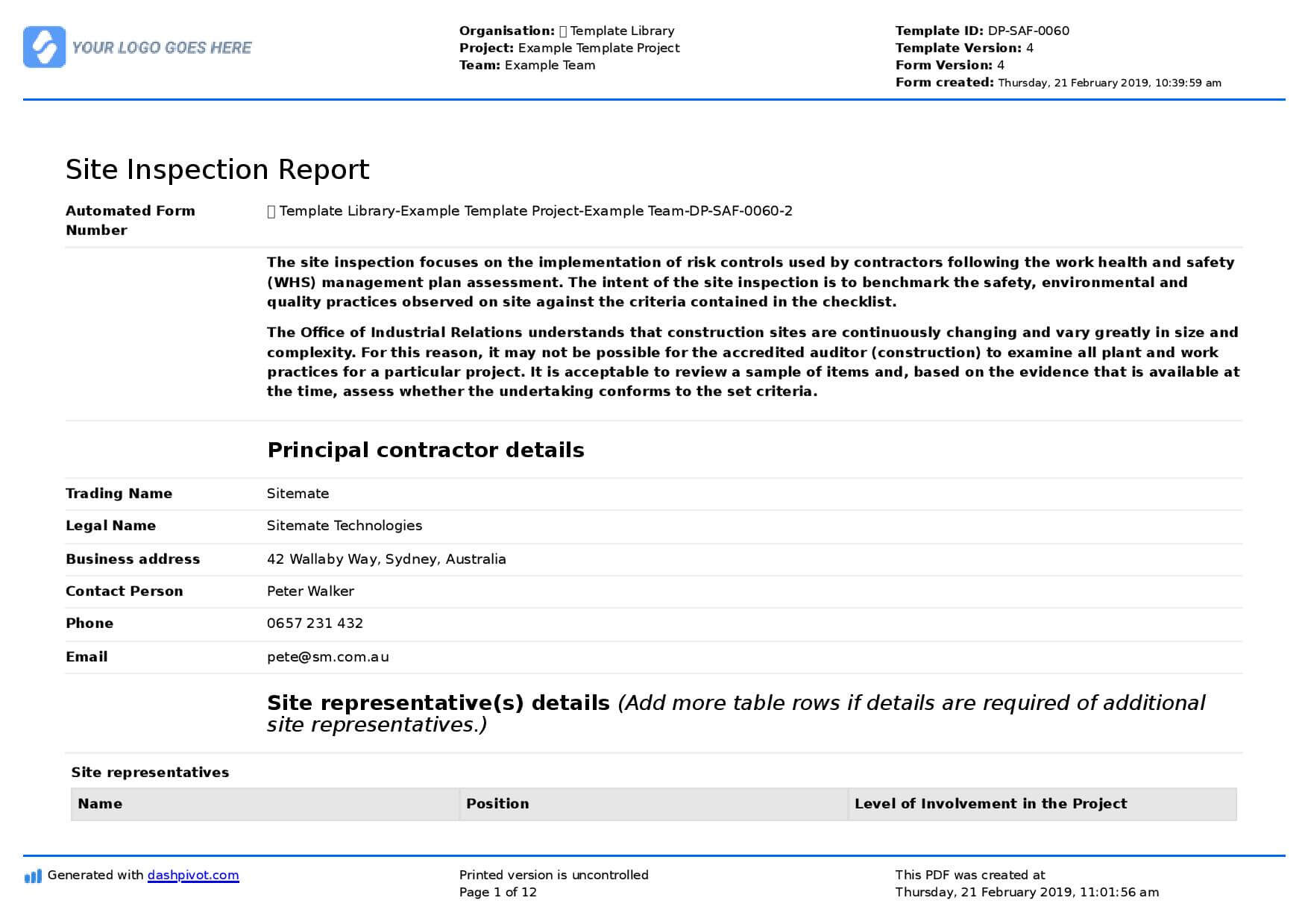 Site Inspection Report: Free Template, Sample And A Proven Within Report Requirements Template