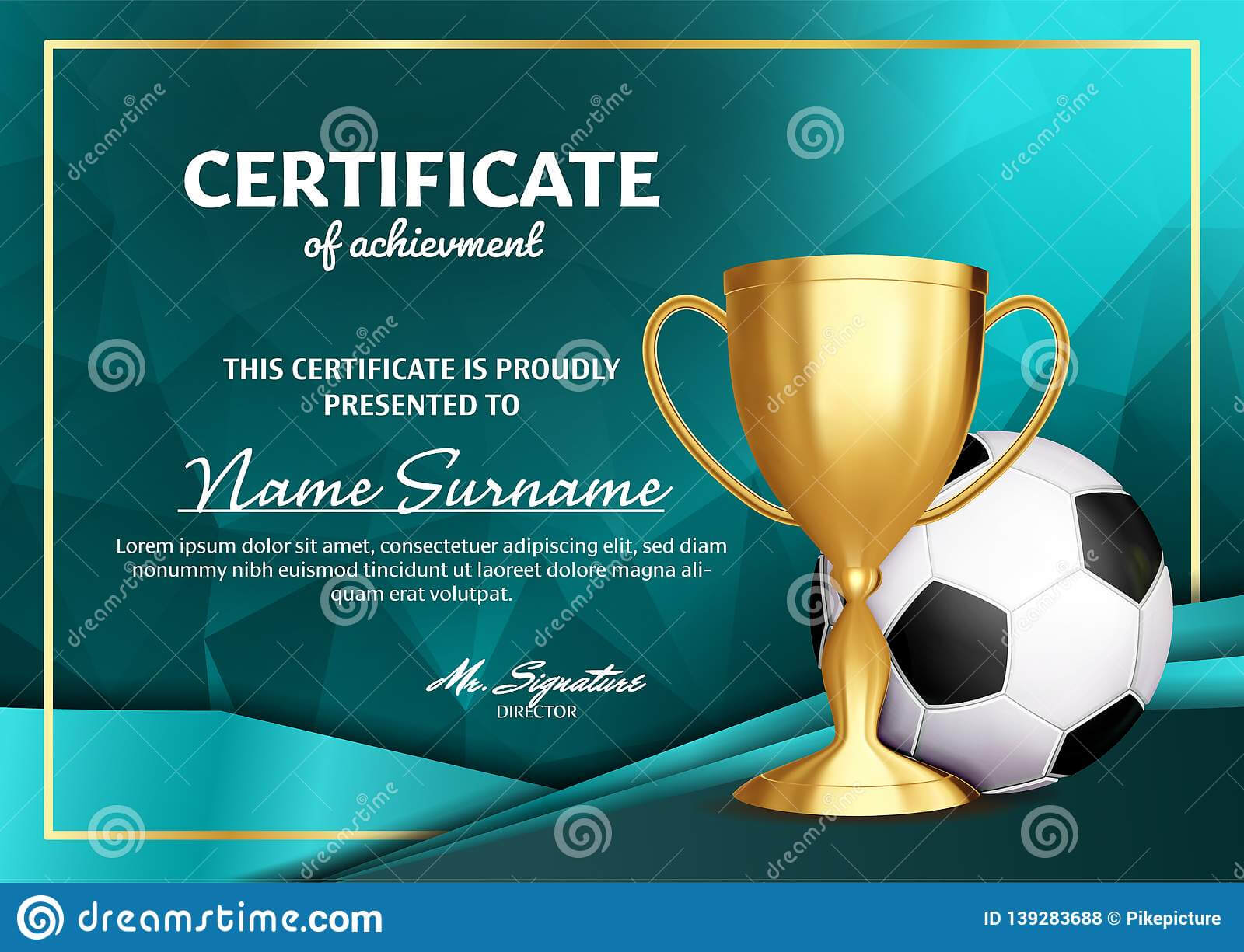 Soccer Certificate Diploma With Golden Cup Vector. Football For Soccer Certificate Template Free
