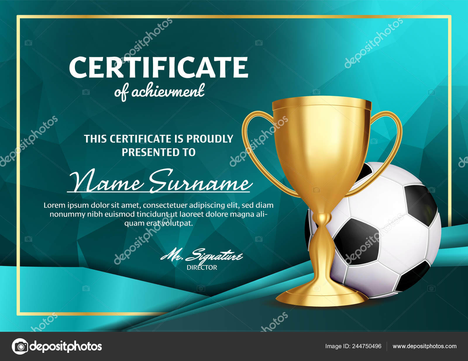 Soccer Certificate Diploma With Golden Cup Vector. Football Intended For Soccer Award Certificate Templates Free