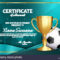 Soccer Certificate Diploma With Golden Cup Vector. Football With Soccer Certificate Template