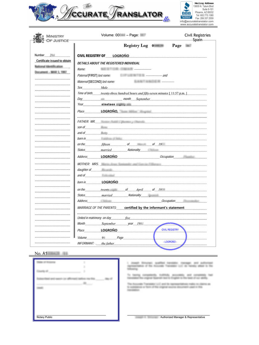 Spanish Birth Certificate Translation Inside Spanish To English Birth Certificate Translation Template