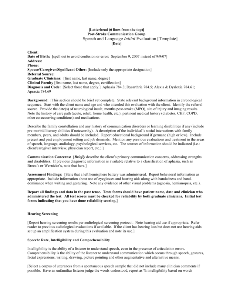 Speech And Language Report Template