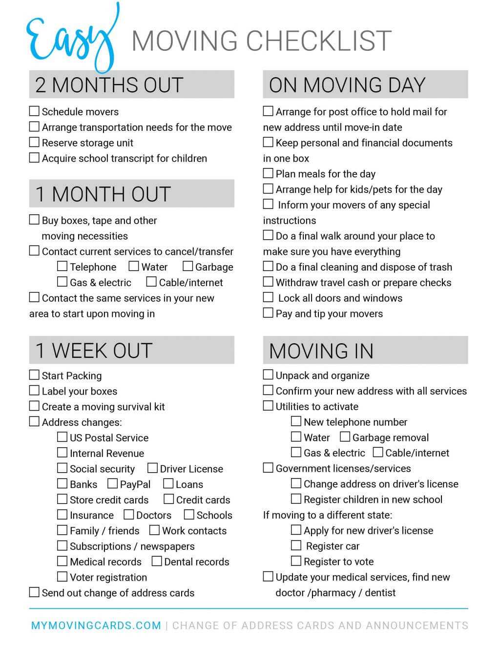 Spreadsheet Moving House Checklist Free Printable Download With Moving House Cards Template Free