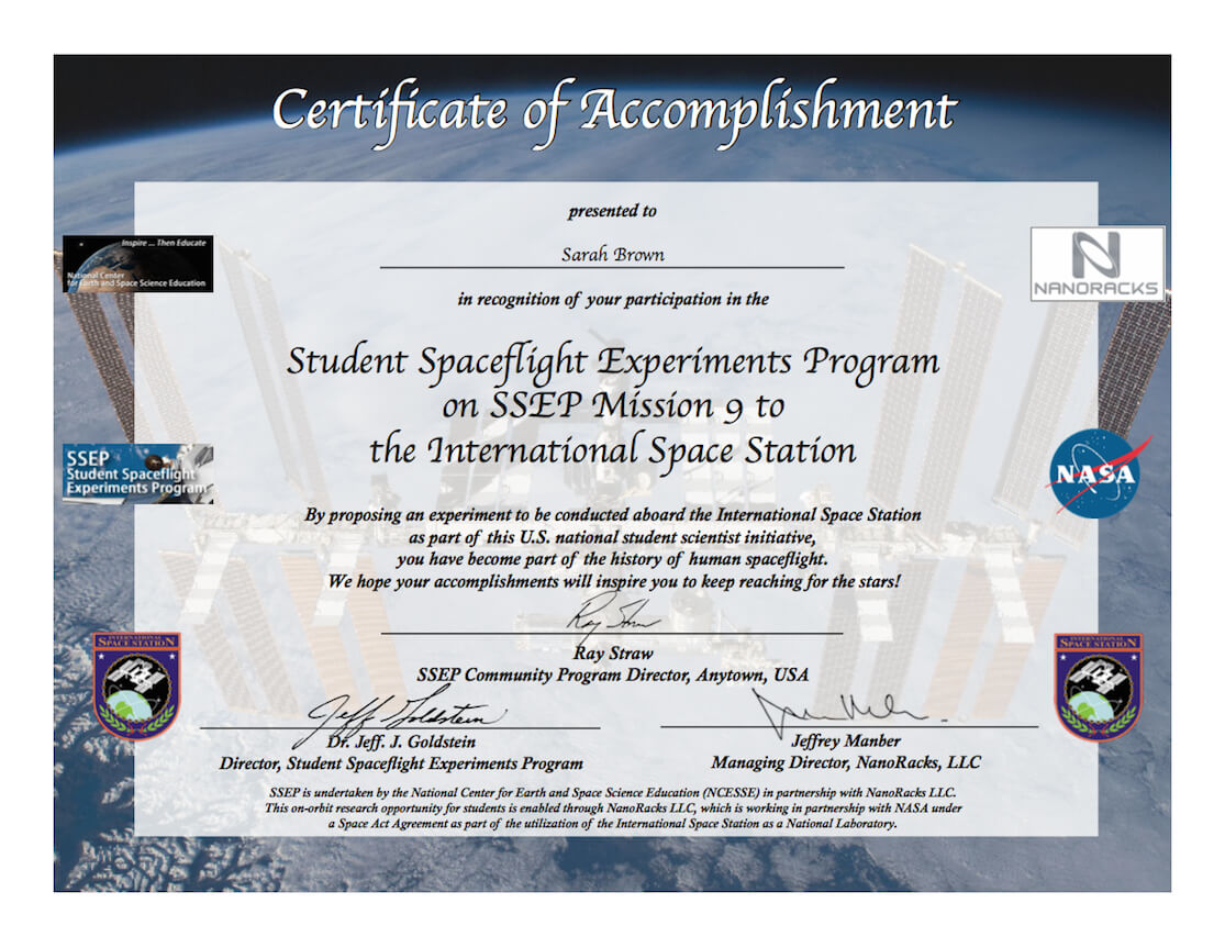 Ssep Mission 9 To Iss Student Certificates Of Accomplishment With International Conference Certificate Templates