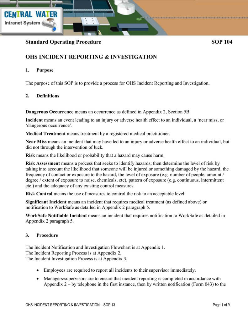 Standard Operating Procedure Sop 104 Ohs Incident Reporting Pertaining To Ohs Incident Report Template Free