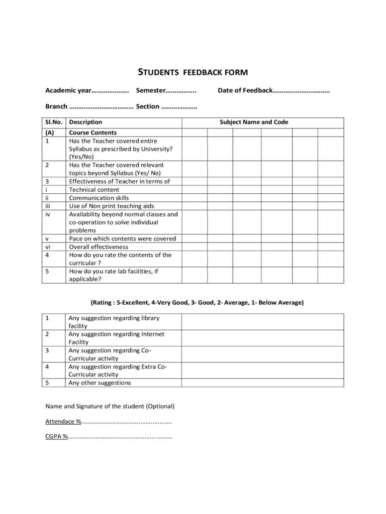 Students Feedback Form – 2 Free Templates In Pdf, Word Regarding Student Feedback Form Template Word