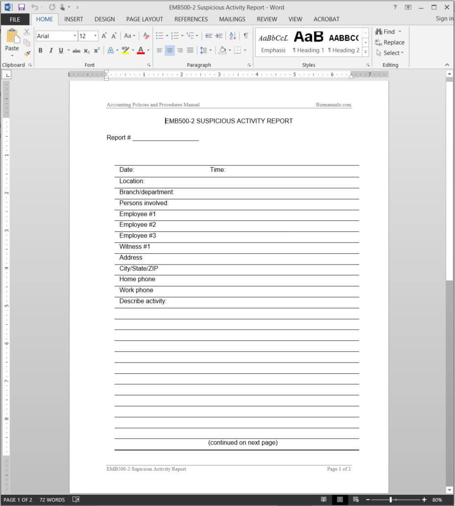 Suspicious Activity Report Template | Emb500 2 Within Activity Report Template Word