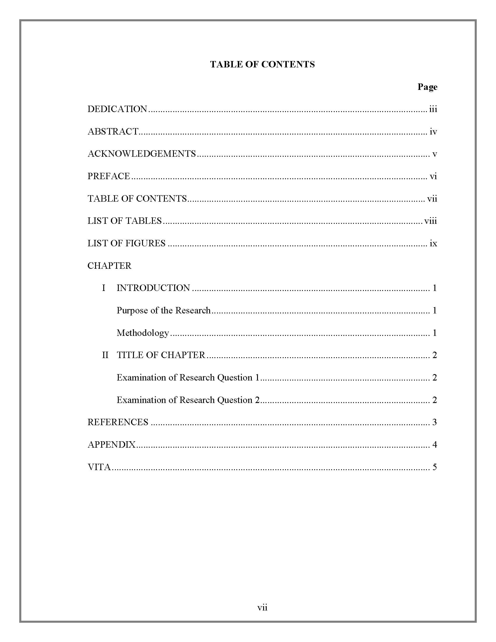 Table Of Contents – Thesis And Dissertation – Research With Report Content Page Template