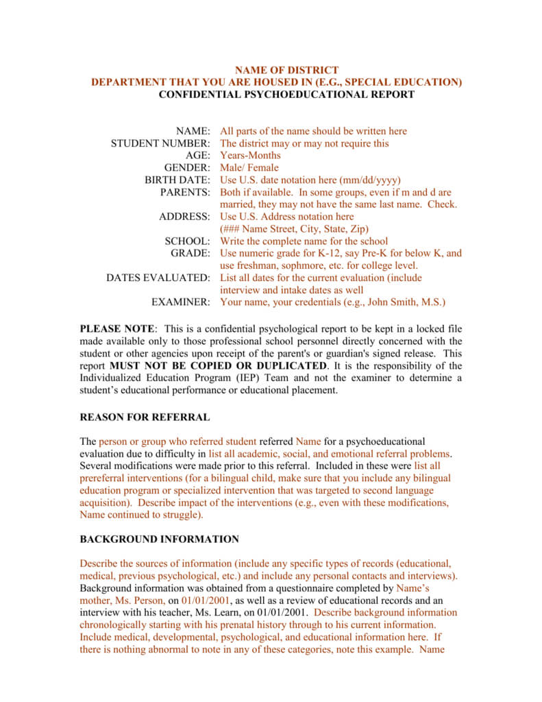 Template For A Bilingual Psychoeducational Report For Psychoeducational Report Template