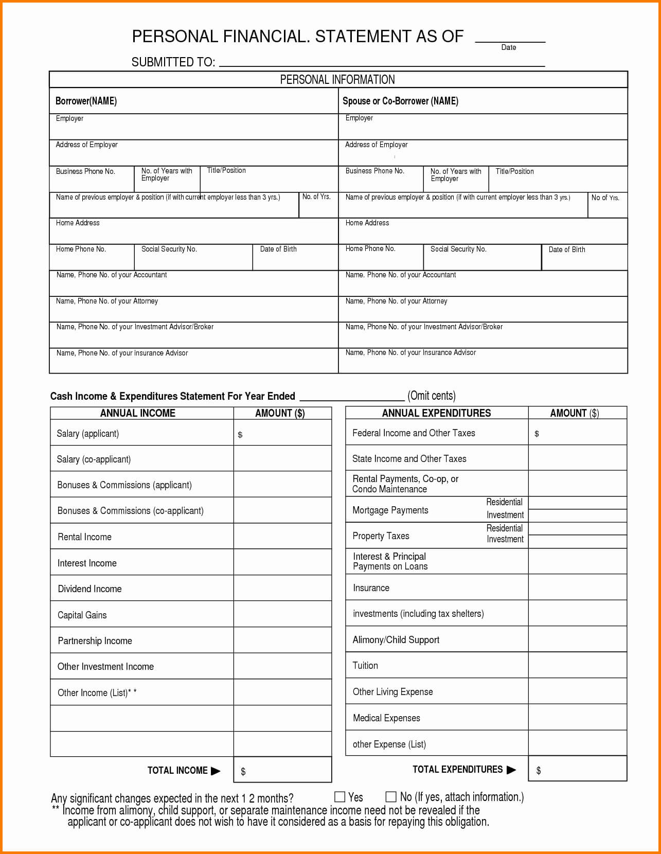 Template For Personal Financial Statement Excel Sample Pertaining To Blank Personal Financial Statement Template