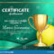 Tennis Certificate Diploma With Golden Cup Vector. Sport In Tennis Certificate Template Free