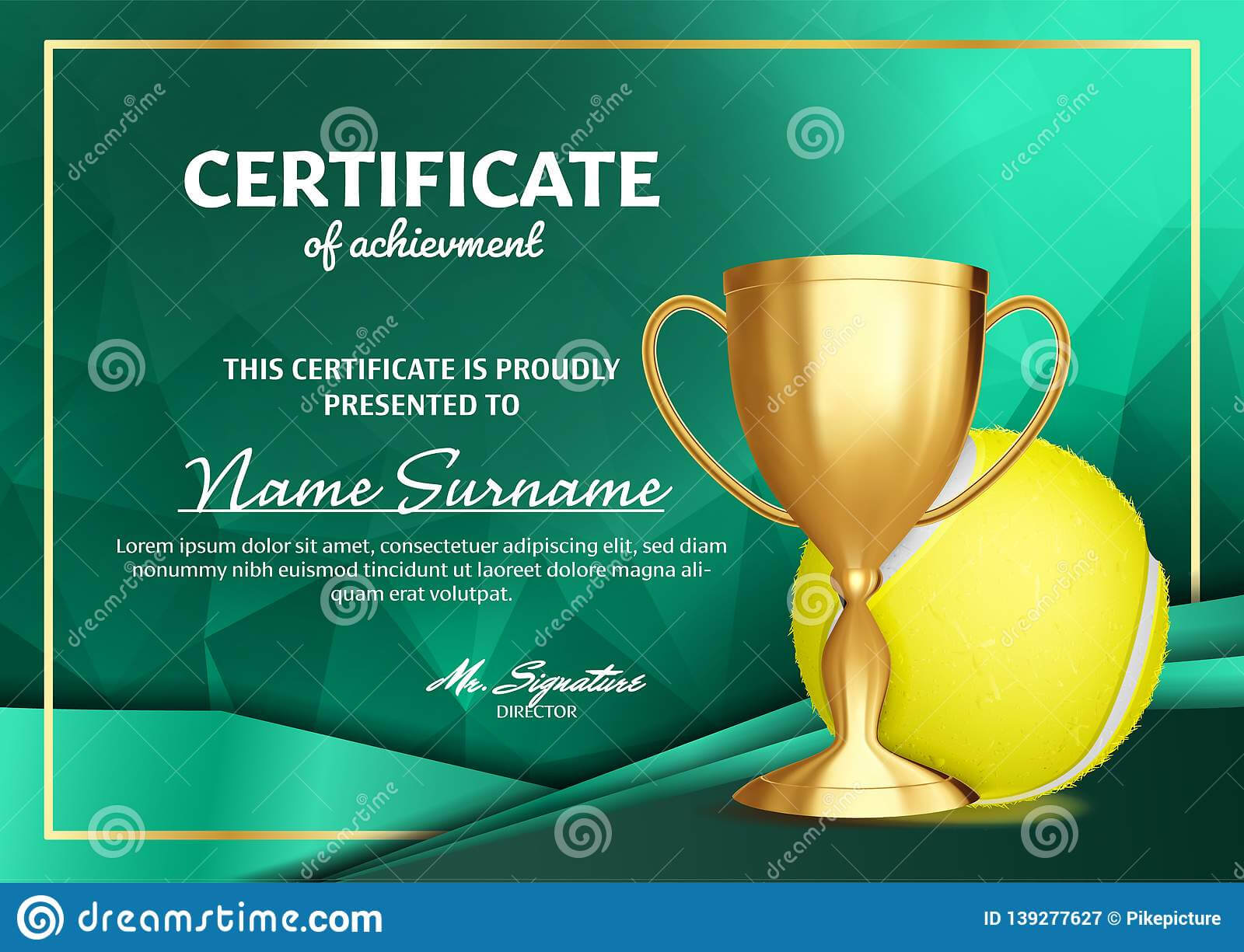 Tennis Certificate Diploma With Golden Cup Vector. Sport In Tennis Certificate Template Free