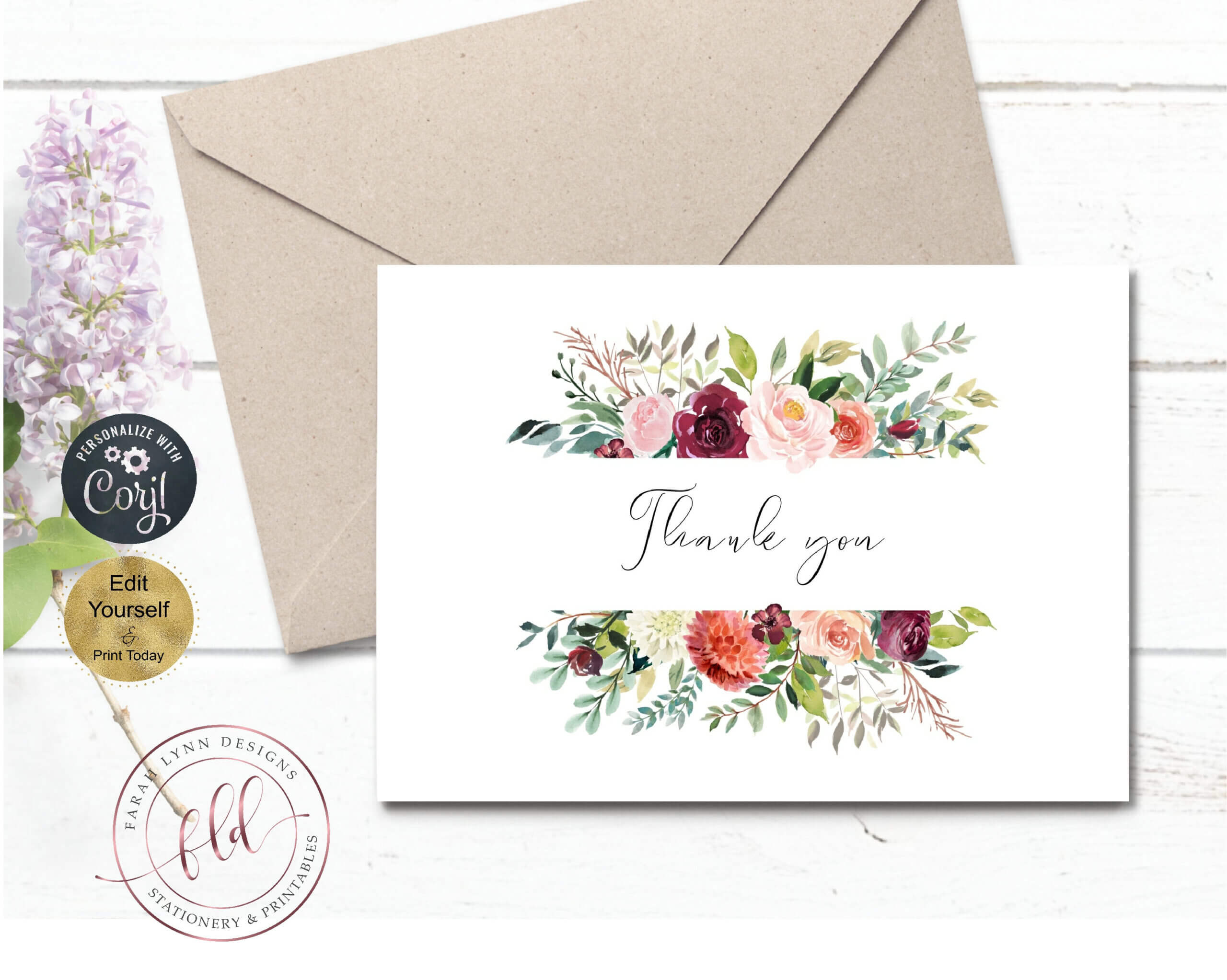 Thank You Note Card Template, Printable Fall Florals Wedding Within Thank You Note Cards Template