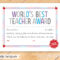 The Fine Porcupine — World's Best Teacher Award, Printable intended for Best Teacher Certificate Templates Free
