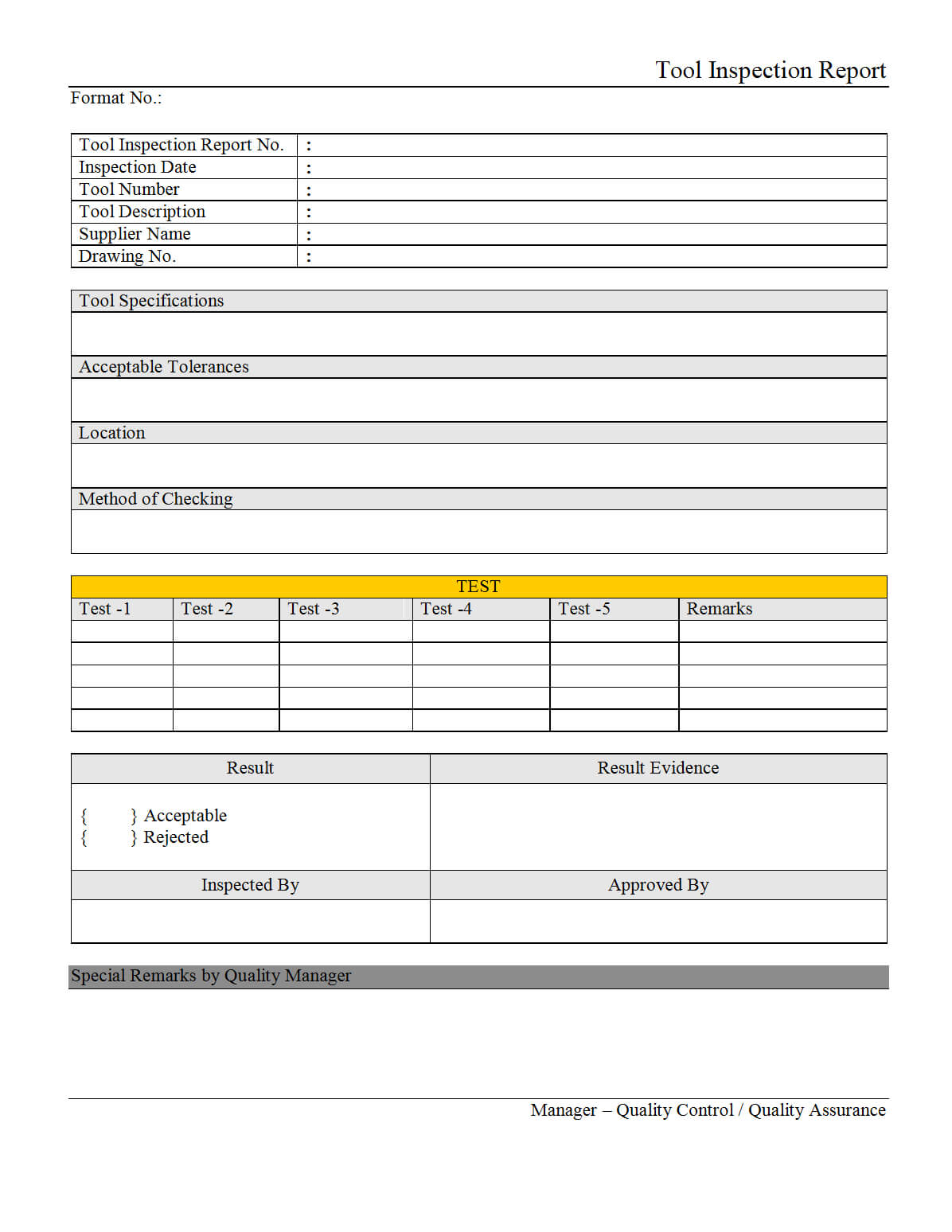 Tool Inspection Report – Pertaining To Part Inspection Report Template