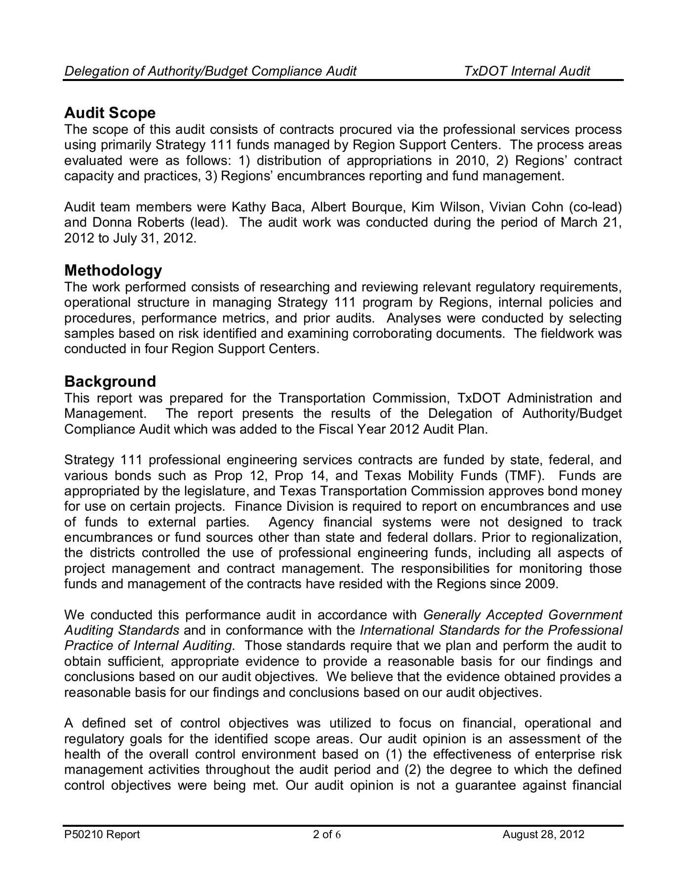 Txdot Internal Audit Internal Audit Report Delegation Of Within Internal Control Audit Report Template