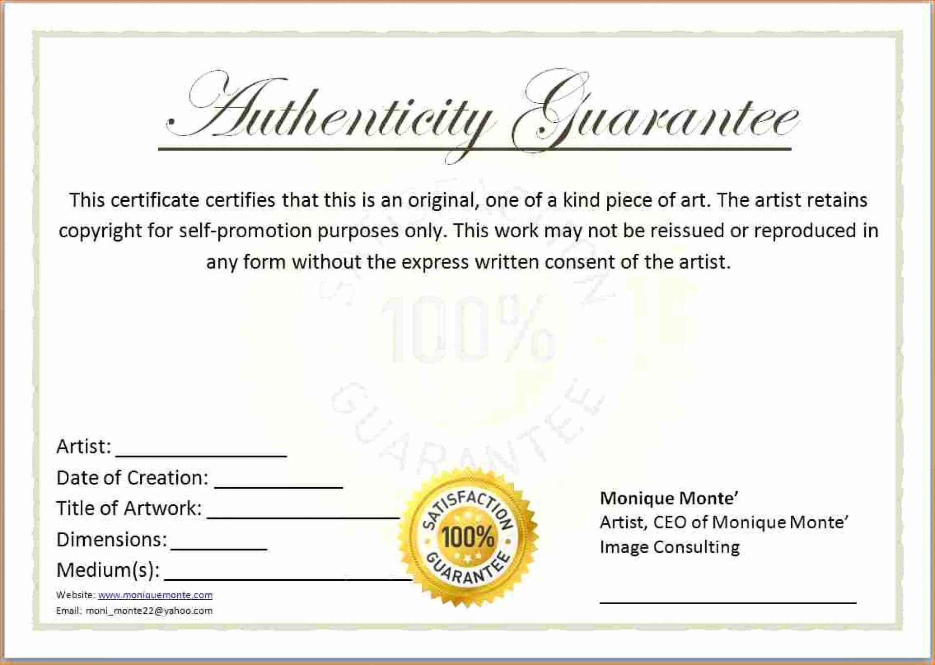 Unique Certificate Of Authenticity Template Free Ideas Pertaining To Certificate Of Authenticity Template