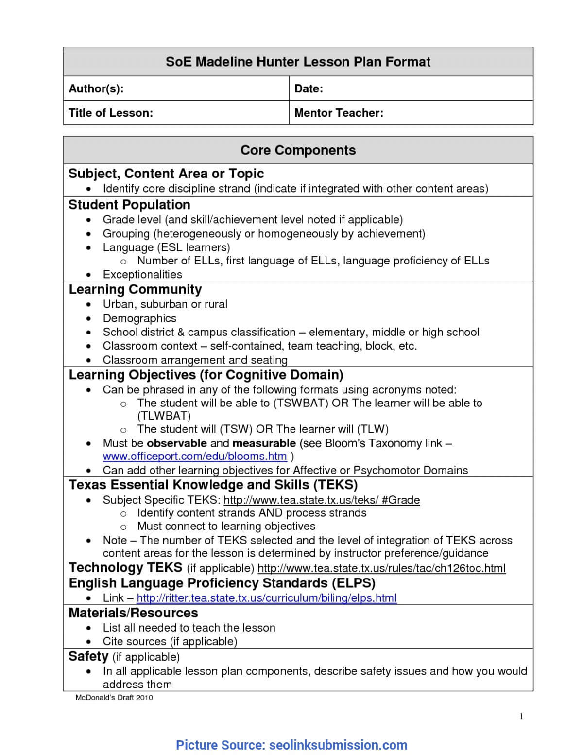 Unusual A Modern Version Of Madeline Hunter Lesson Plan In Madeline Hunter Lesson Plan Template Word