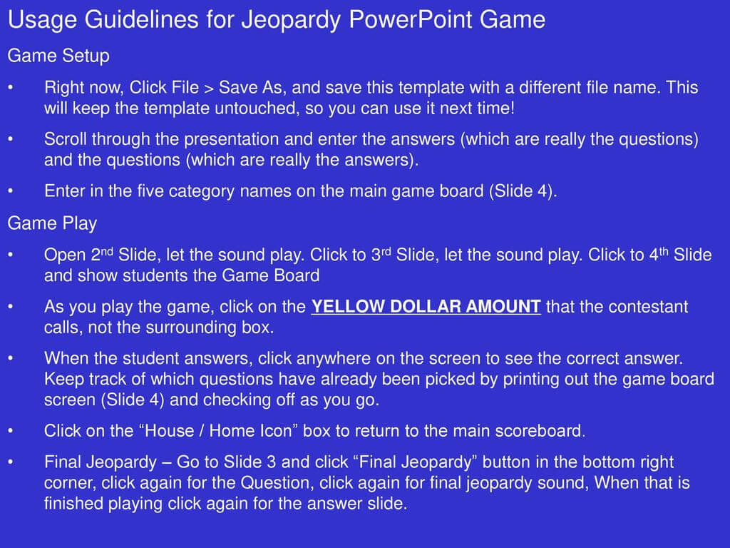 Usage Guidelines For Jeopardy Powerpoint Game – Ppt Download In Jeopardy Powerpoint Template With Sound