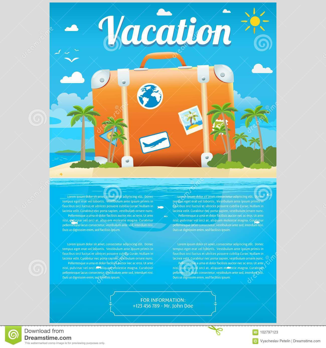 Vector Illustration Of Travel Suitcase On The Sea Island Pertaining To Island Brochure Template
