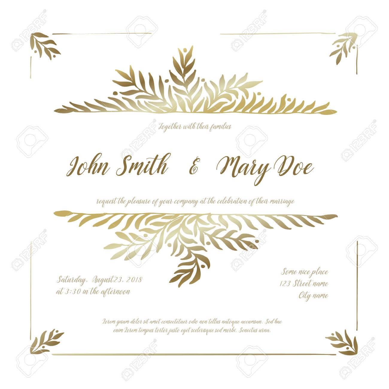 Vector Wedding Invitation Card Template With Golden Floral Elements With Regard To Invitation Cards Templates For Marriage