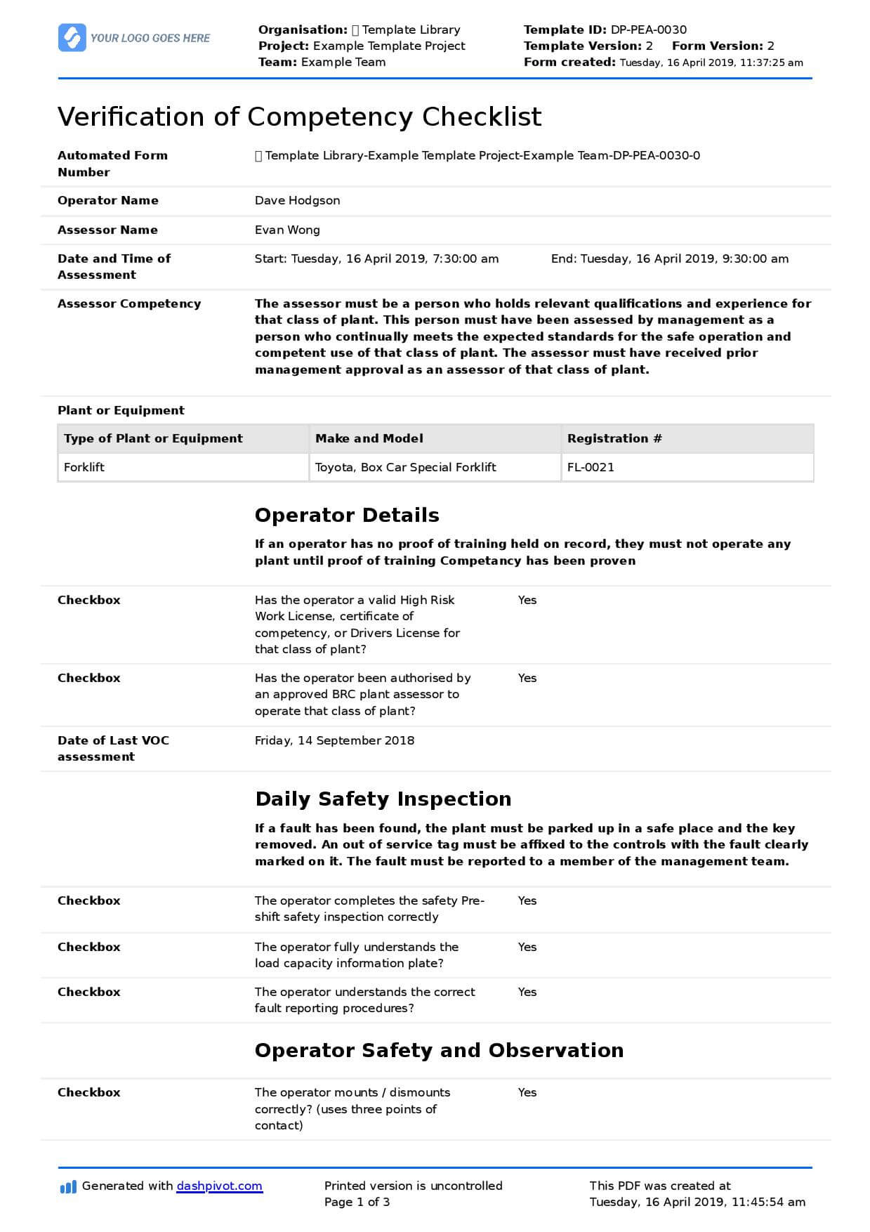Verification Of Competency Template (Free And Editable Voc Form) For Equipment Fault Report Template