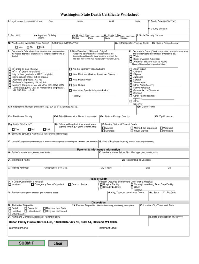 Washington State Death Certificate Worksheet – Fill Online Intended For Baby Death Certificate Template