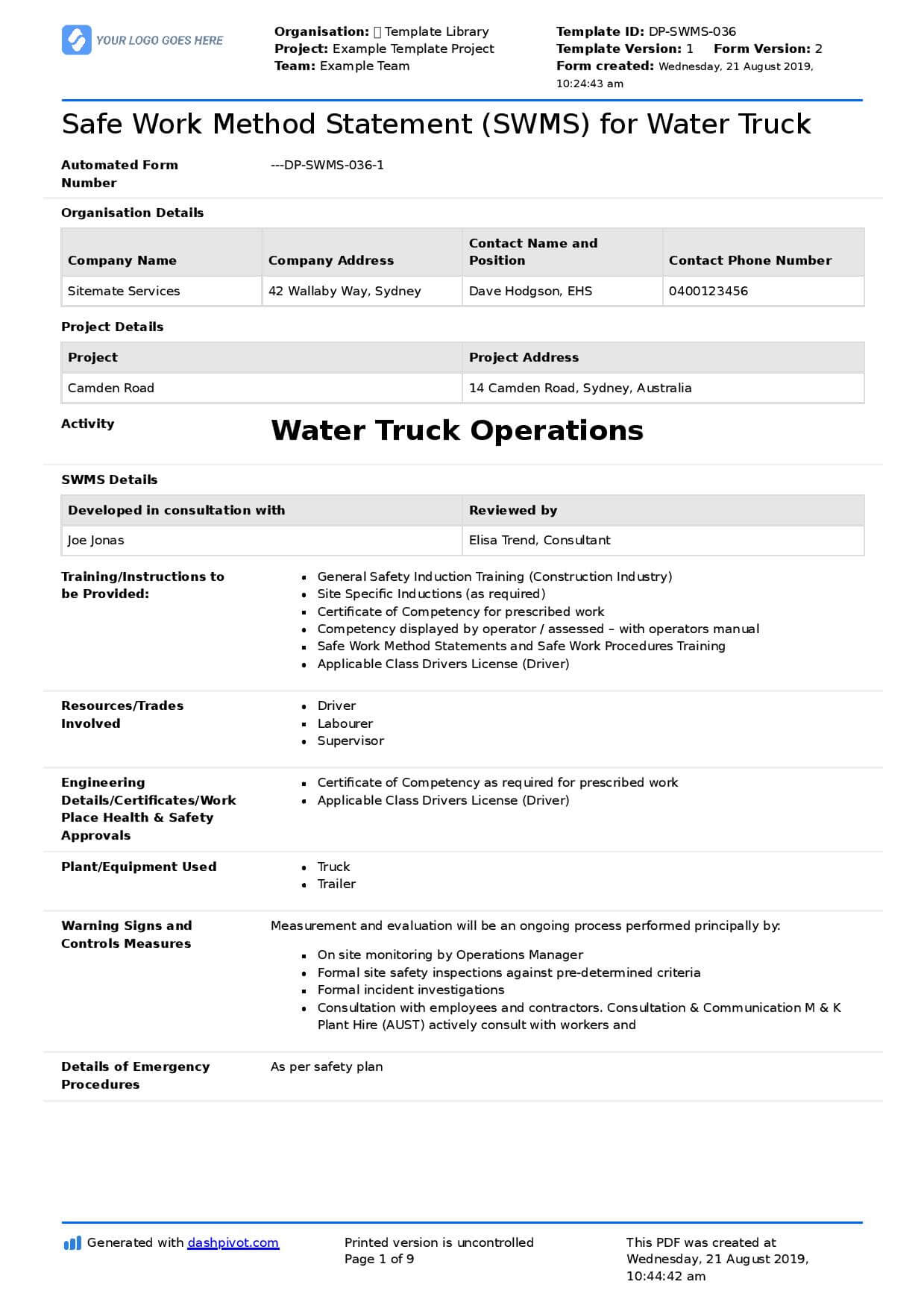 Water Truck Safe Work Method Statement (Free + Editable Swms) In Safe Driving Certificate Template