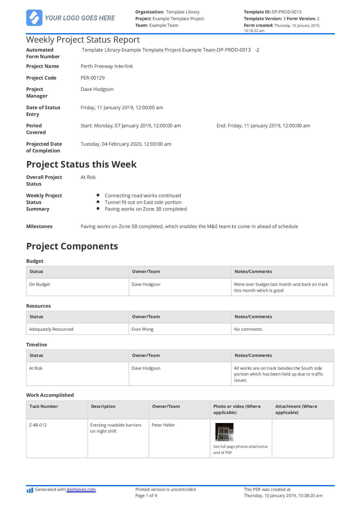 Weekly Project Status Report Template – Free And Customisable With Regard To Project Weekly Status Report Template Excel