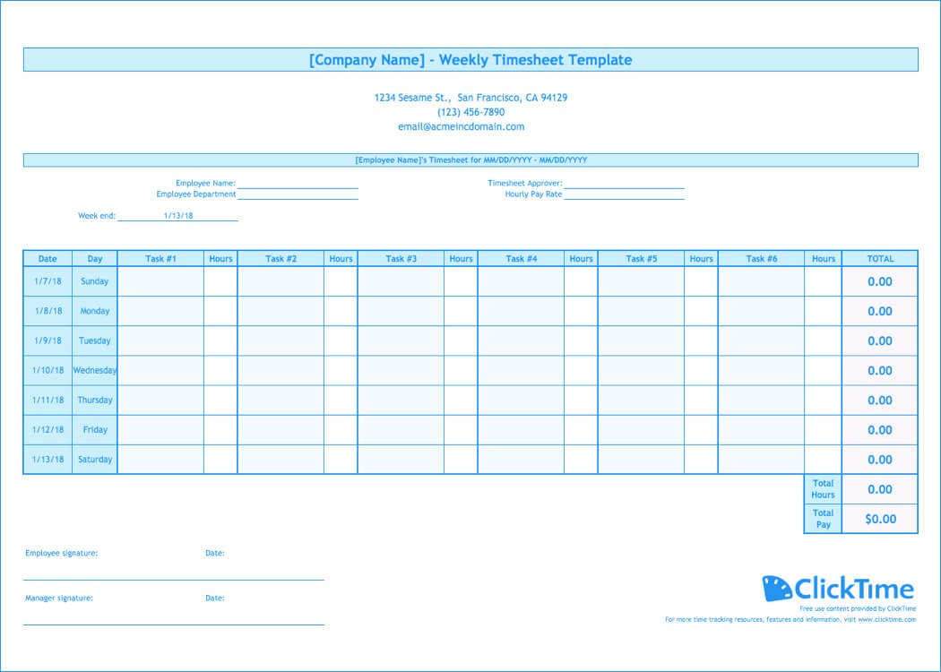 Weekly Timesheet Template | Free Excel Timesheets | Clicktime With Regard To Weekly Time Card Template Free