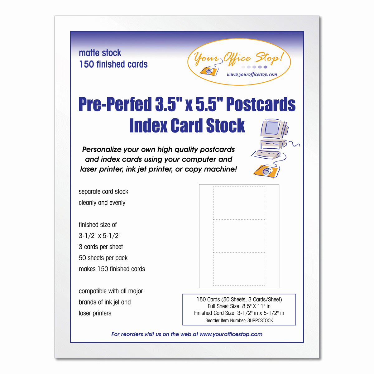 White 3 Up 3.5" X 5.5" Perforated Postcard And Index Card Inside 5 By 8 Index Card Template