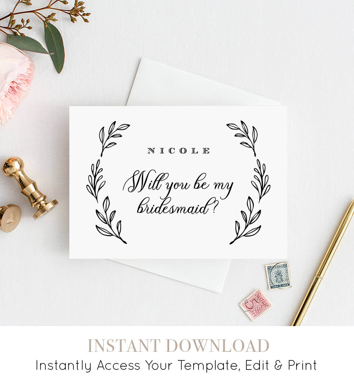 Will You Be My Bridesmaid Card, Instant Download Within Will You Be My Bridesmaid Card Template