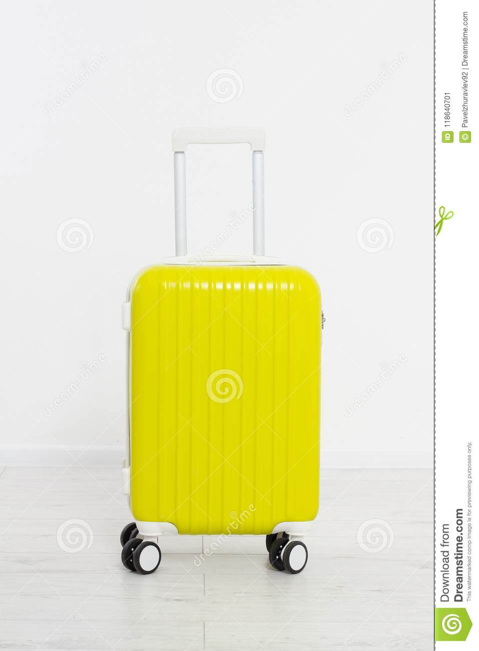 Yellow Suitcase On White Background .summer Holidays. Travel Inside Blank Suitcase Template